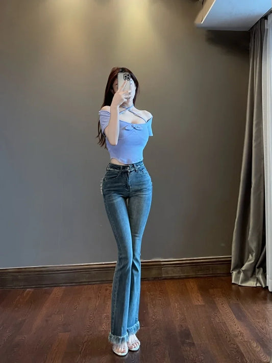 Tassel Flare Pants Jeans 2023 New Slim High Waist Elastic Horseshoe Pants Denim Trousers Fashion Women sexy K5BG
