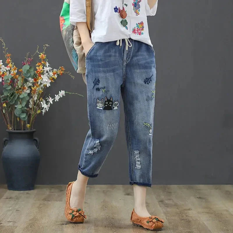 Y2k Embroidery Ankle-Length Baggy Jeans