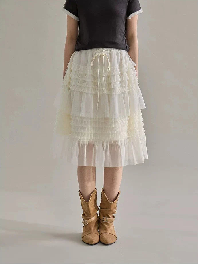Korean Style Lace Elastic Waist Cake Skirt Mesh Puffy Skirt Women's Dress Knee Length Casual A-Line Skirt Micro Stretch No Slit
