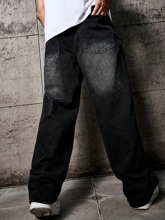 1 calça jeans masculina preta vintage, lavada e desgastada, estilo folgado, perna larga e reta, presente perfeito para marido, namorado