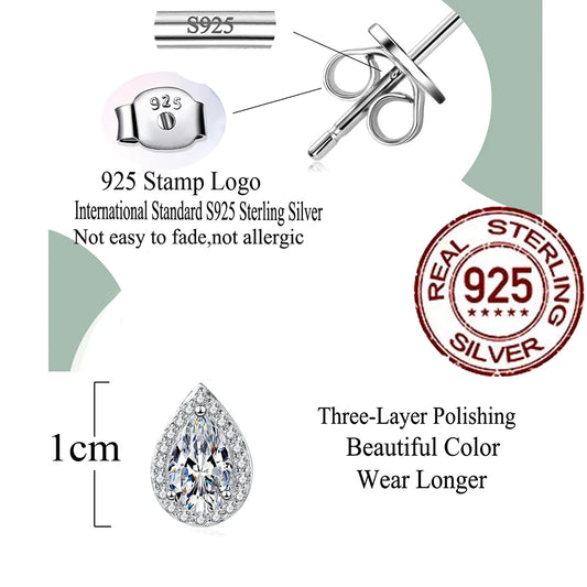 Pure 925 Sterling Silver Pear Cut CZ Stud Earrings Pendant Necklace Set for Women Fine Jewelry Accessories Gift ST005