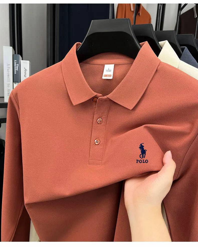 2025 autumn men's long sleeved T-shirt with a solid color polo shirt and a loose casual plus size base shirt