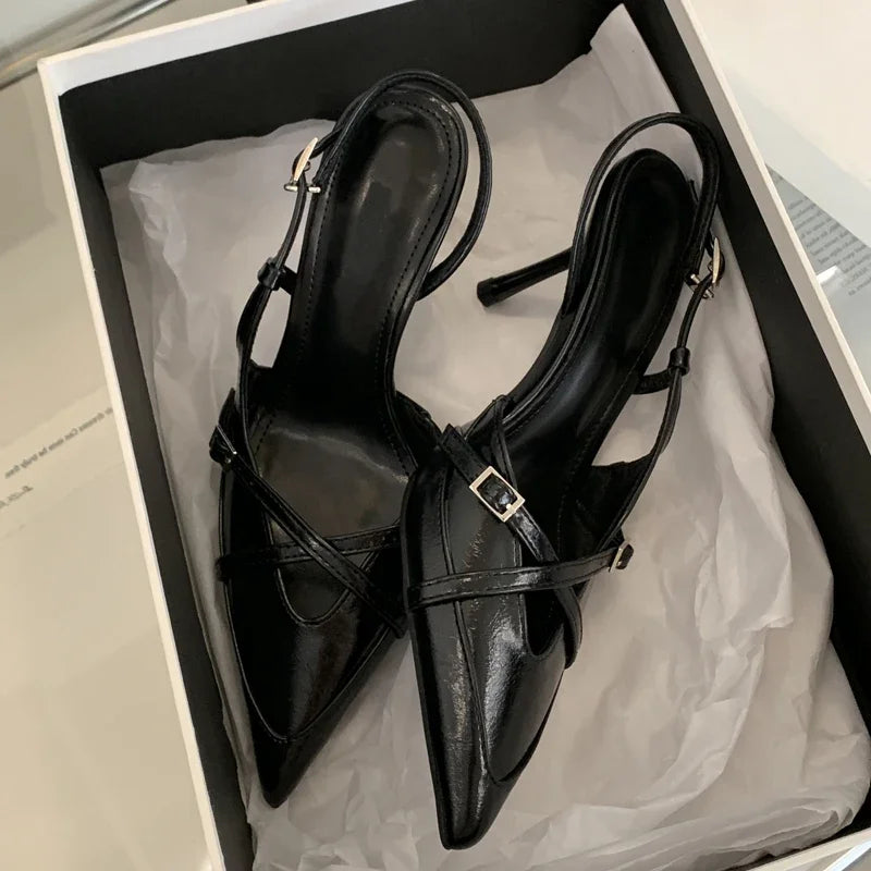 Sexy Street Style Buckle Strap Women Pumps Elegant Pointed Toe Thin Low Heels Slingback Banquet Party Shoes