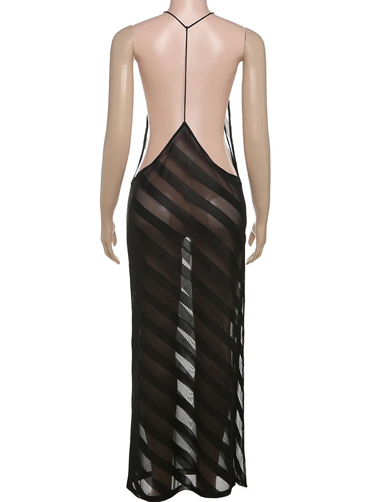 Summer Release Junior Ankle-Length Sexy High Street Dress Perspective Girl Solid Halter Slim Cleavage Backless Robe