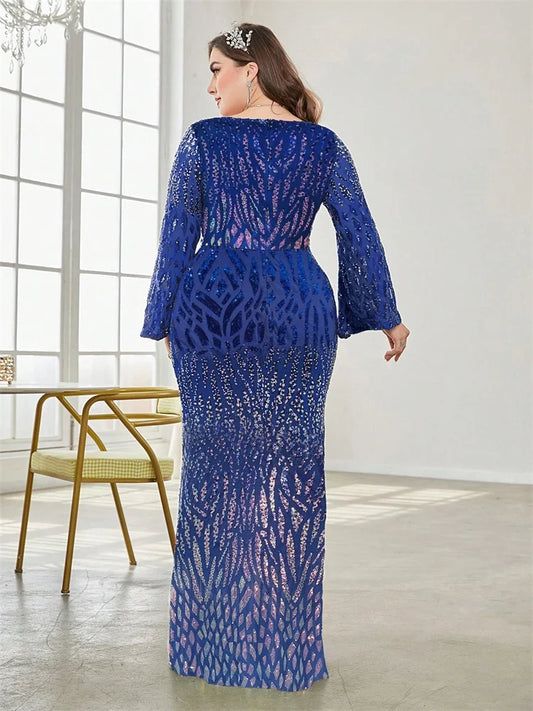 Plus Size Elegant Sequin Blue Evening Dress 2025 Women Formal Maxi Prom Slit Long Sleeves Party Luxury Cocktail Dress