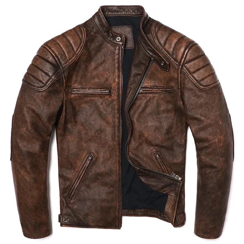 Jaqueta De Couro Genuíno Marrom Vintage 2025 Couro Real Bovino Natural Masculina Motociclista Casaco Masculino Slim De Couro De Bezerro