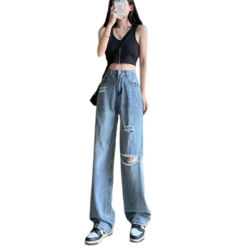 High-waisted Slimming Petite Jeans Women's Loose-fit Summer Vintage Wide-leg Trousers Torn-up Draped Style Casual Pants
