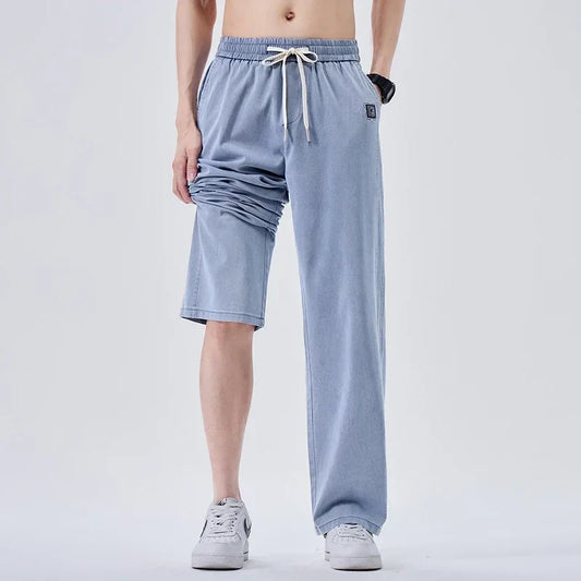 Brand Soft Jeans for Men Spring Thin Draped Comfortable Straight Trousers Drawstring Male Baggy Denim Pants Streetwear