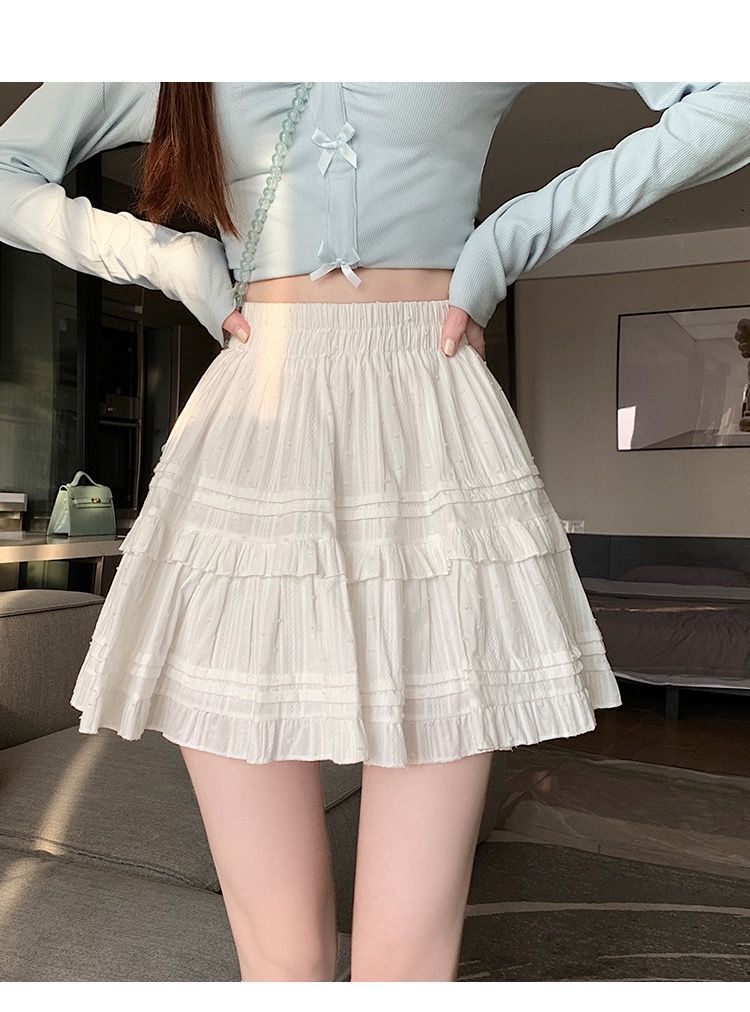 Summer Kawaii White Ruflles Skirt Women Fashion Slim Fit Mini Skirts Girls Y2k Versatile Elastic High Waist A-Line Back Faldas