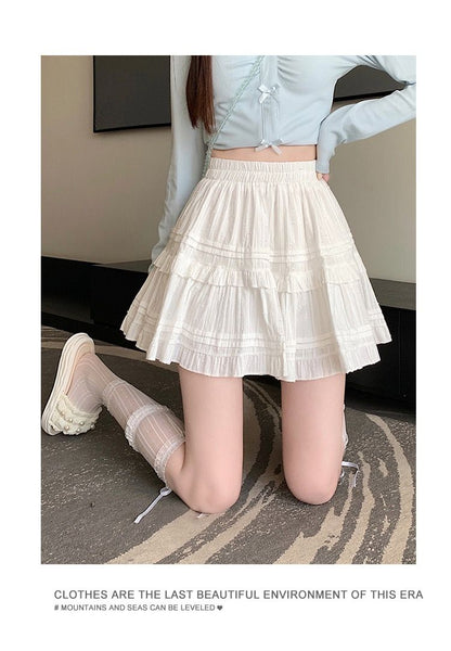 Summer Kawaii White Ruflles Skirt Women Fashion Slim Fit Mini Skirts Girls Y2k Versatile Elastic High Waist A-Line Back Faldas