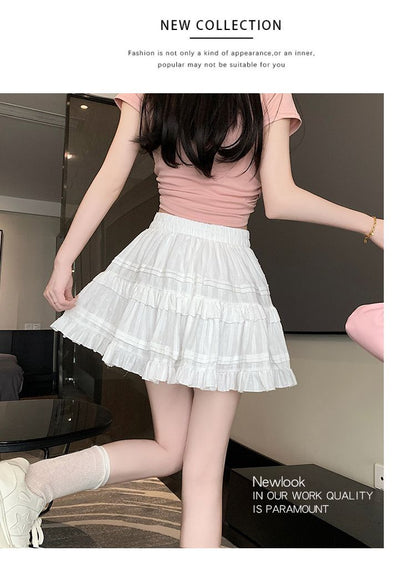 Kawaii White High Waist Pleated Mini Skirts for Women Summer Slim A-Line Skirt Y2K Versatile Puff Tiered Faldas for Girls Female
