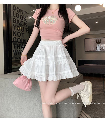 Kawaii White High Waist Pleated Mini Skirts for Women Summer Slim A-Line Skirt Y2K Versatile Puff Tiered Faldas for Girls Female