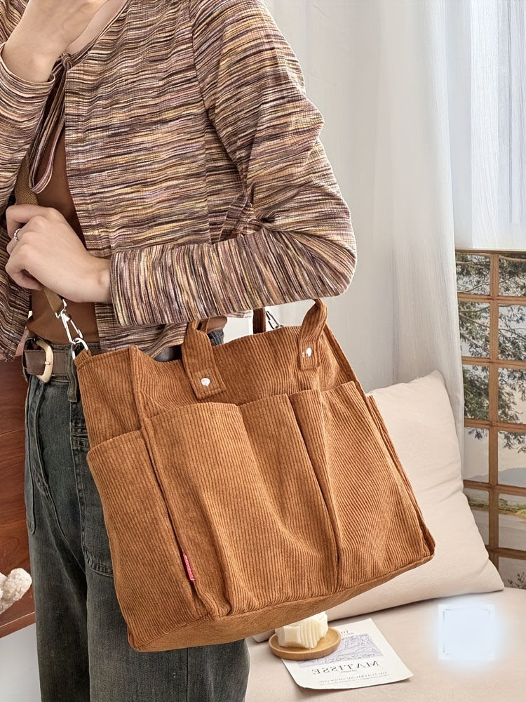 Corduroy Crossbody Tote Bag Stylish Commuter Shoulder Bag with Multiple Spacious Pockets Handbag For Women
