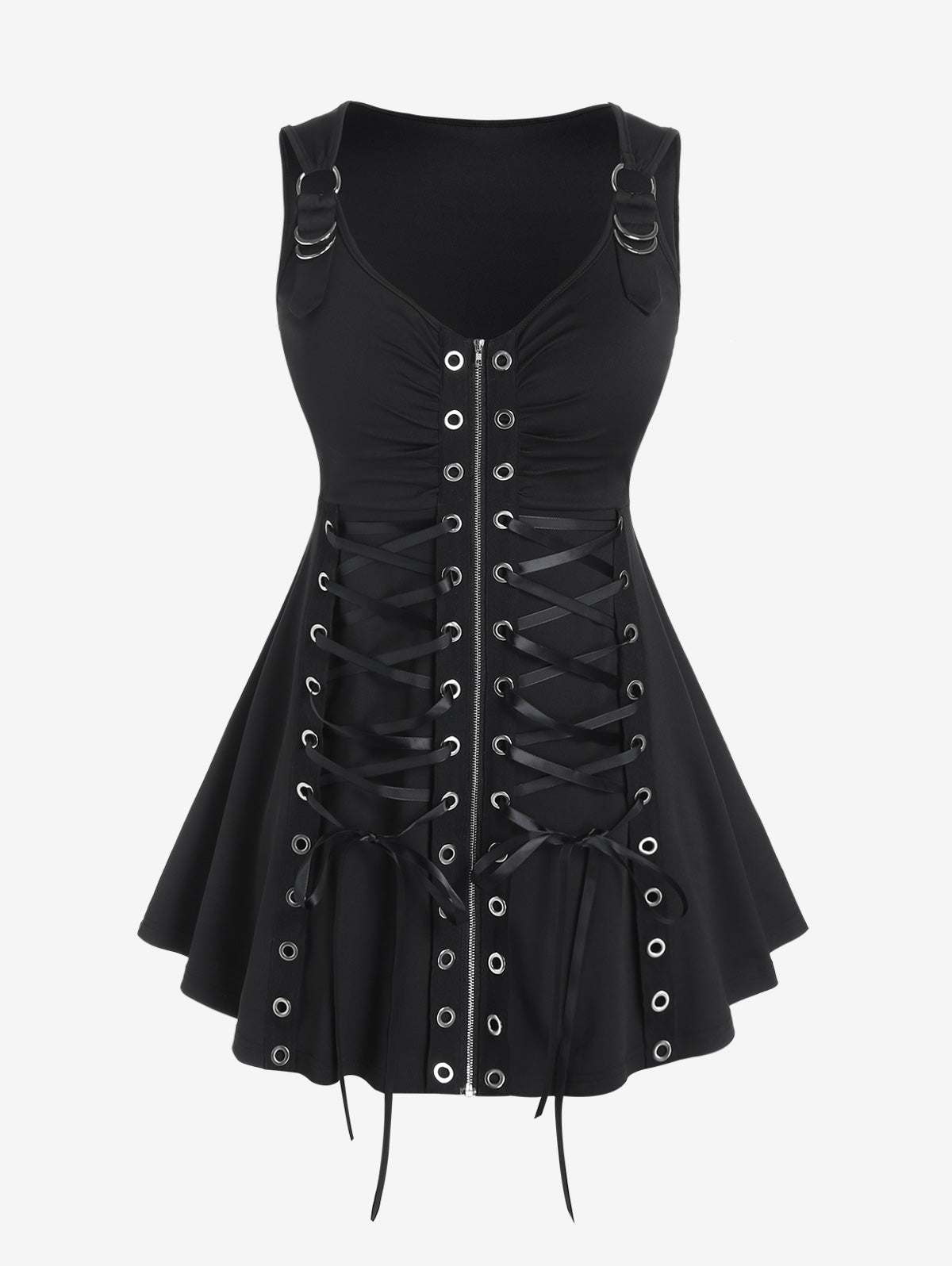 Plus Size Gothic Full Zipper Grommets Camis Tops Buckle Strap Plaid Vest Women Summer Sweetheart Neck Empire Waist Tanks