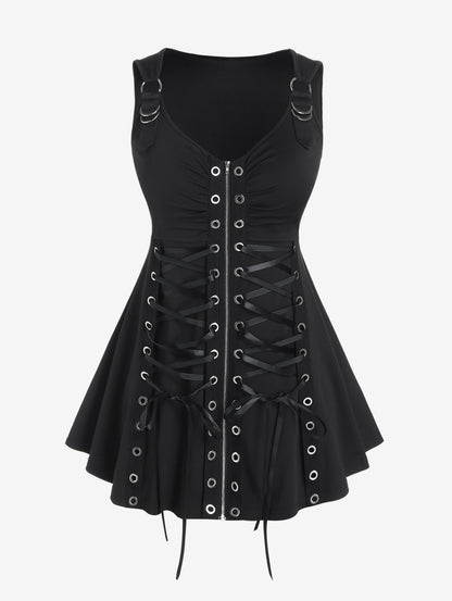 Plus Size Gothic Full Zipper Grommets Camis Tops Buckle Strap Plaid Vest Women Summer Sweetheart Neck Empire Waist Tanks