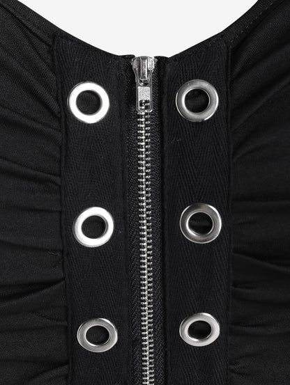Plus Size Gothic Full Zipper Grommets Camis Tops Buckle Strap Plaid Vest Women Summer Sweetheart Neck Empire Waist Tanks