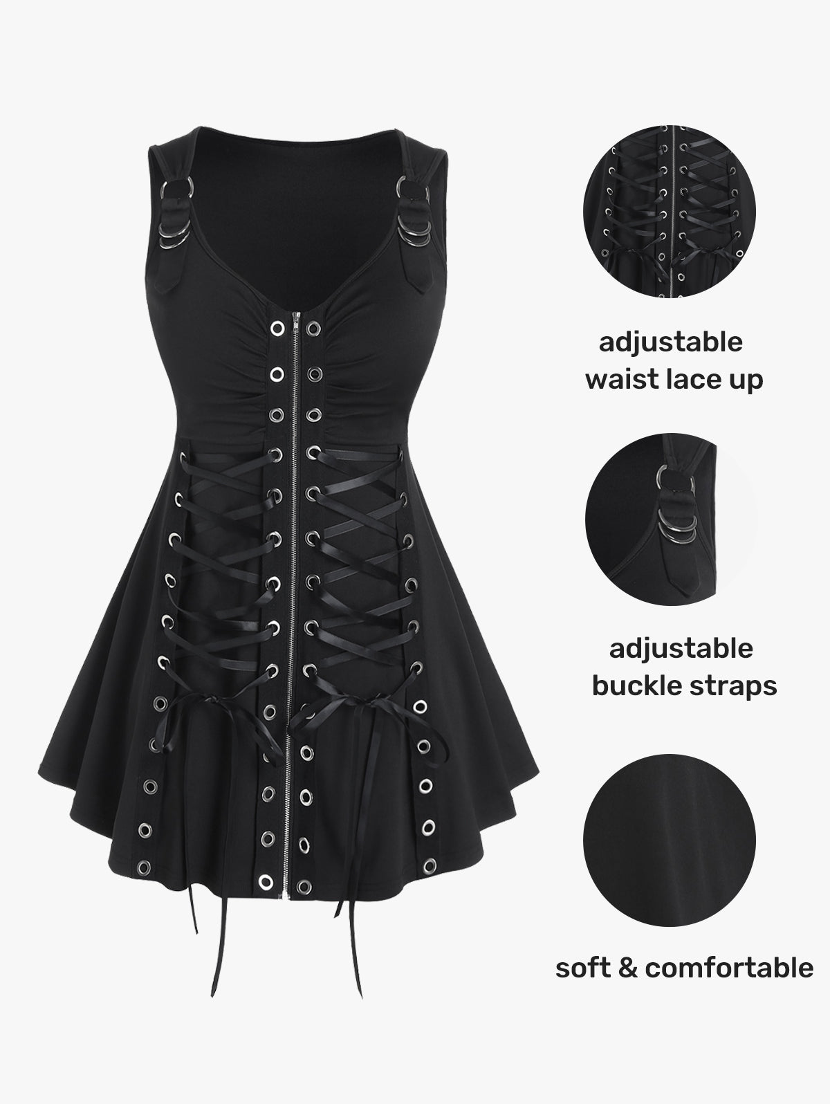 Plus Size Gothic Full Zipper Grommets Camis Tops Buckle Strap Plaid Vest Women Summer Sweetheart Neck Empire Waist Tanks