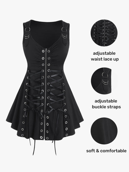 Plus Size Gothic Full Zipper Grommets Camis Tops Buckle Strap Plaid Vest Women Summer Sweetheart Neck Empire Waist Tanks