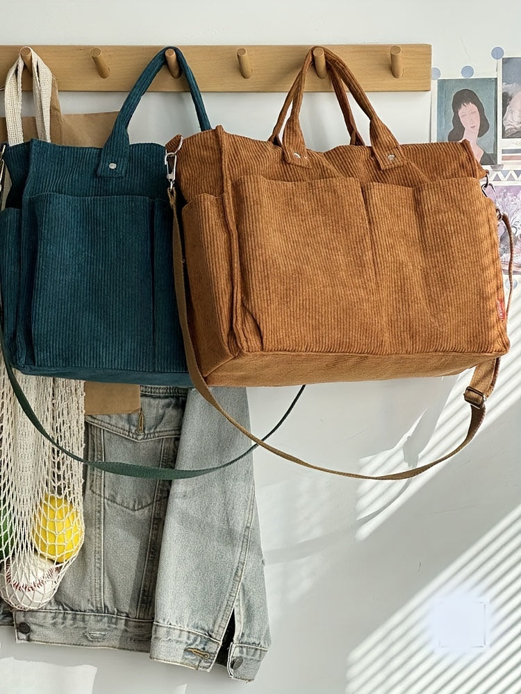 Corduroy Crossbody Tote Bag Stylish Commuter Shoulder Bag with Multiple Spacious Pockets Handbag For Women