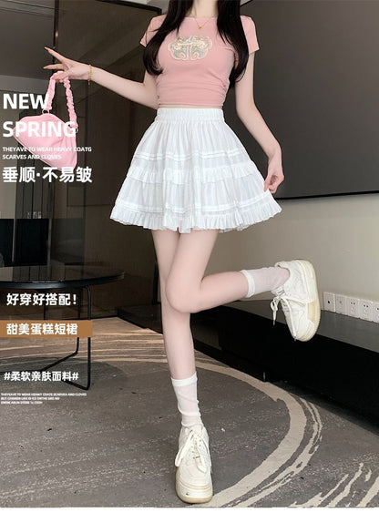 Kawaii White High Waist Pleated Mini Skirts for Women Summer Slim A-Line Skirt Y2K Versatile Puff Tiered Faldas for Girls Female