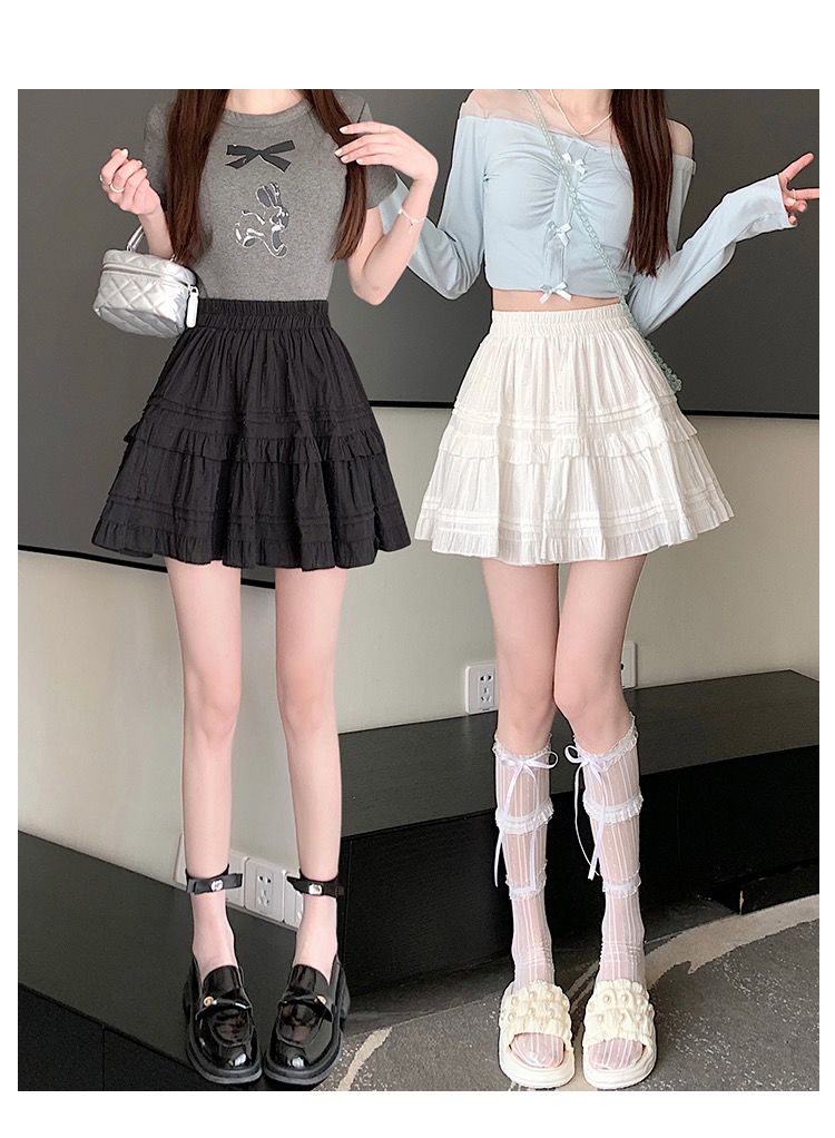 Summer Kawaii White Ruflles Skirt Women Fashion Slim Fit Mini Skirts Girls Y2k Versatile Elastic High Waist A-Line Back Faldas
