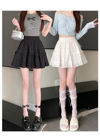 Summer Kawaii White Ruflles Skirt Women Fashion Slim Fit Mini Skirts Girls Y2k Versatile Elastic High Waist A-Line Back Faldas