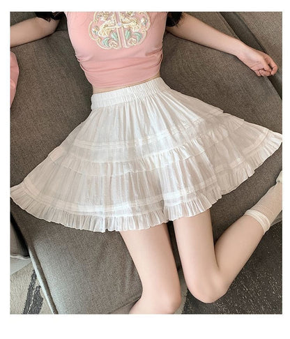 Kawaii White High Waist Pleated Mini Skirts for Women Summer Slim A-Line Skirt Y2K Versatile Puff Tiered Faldas for Girls Female