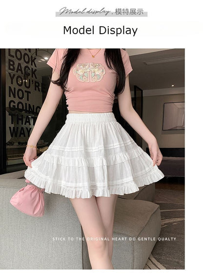 Kawaii White High Waist Pleated Mini Skirts for Women Summer Slim A-Line Skirt Y2K Versatile Puff Tiered Faldas for Girls Female