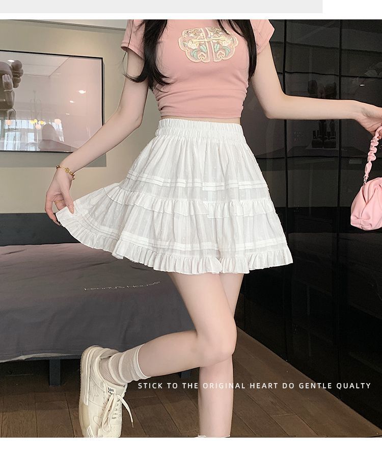 Kawaii White High Waist Pleated Mini Skirts for Women Summer Slim A-Line Skirt Y2K Versatile Puff Tiered Faldas for Girls Female