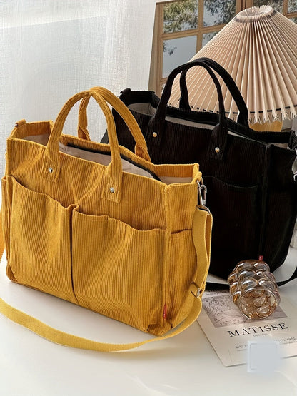 Corduroy Crossbody Tote Bag Stylish Commuter Shoulder Bag with Multiple Spacious Pockets Handbag For Women