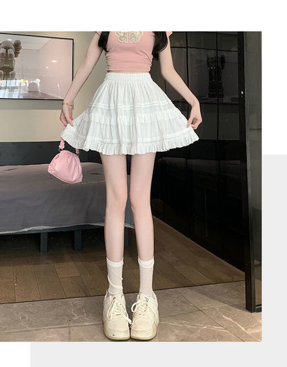 Kawaii White High Waist Pleated Mini Skirts for Women Summer Slim A-Line Skirt Y2K Versatile Puff Tiered Faldas for Girls Female