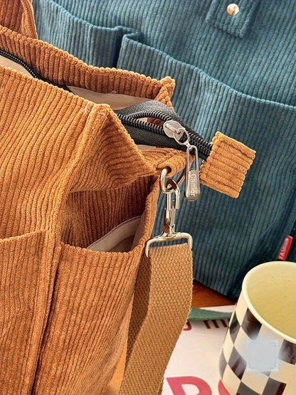 Corduroy Crossbody Tote Bag Stylish Commuter Shoulder Bag with Multiple Spacious Pockets Handbag For Women