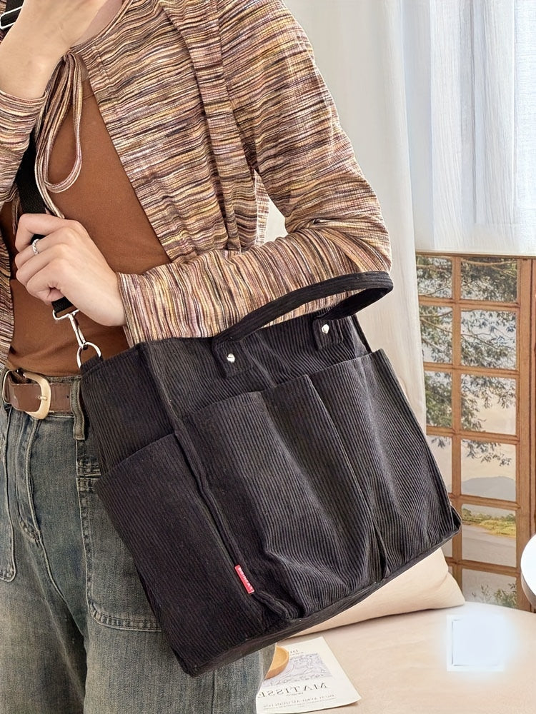 Corduroy Crossbody Tote Bag Stylish Commuter Shoulder Bag with Multiple Spacious Pockets Handbag For Women