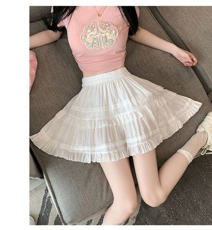 Kawaii White High Waist Pleated Mini Skirts for Women Summer Slim A-Line Skirt Y2K Versatile Puff Tiered Faldas for Girls Female