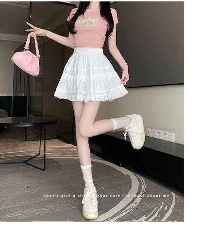 Kawaii White High Waist Pleated Mini Skirts for Women Summer Slim A-Line Skirt Y2K Versatile Puff Tiered Faldas for Girls Female