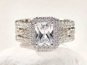 Solid 925 Sterling Silver Wedding Rings Set for Women AAAAA Grade CZ Engagement Ring Detachable Guard Bands