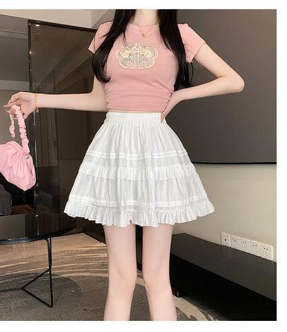 Kawaii White High Waist Pleated Mini Skirts for Women Summer Slim A-Line Skirt Y2K Versatile Puff Tiered Faldas for Girls Female