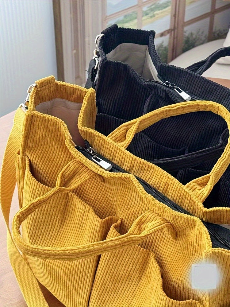 Corduroy Crossbody Tote Bag Stylish Commuter Shoulder Bag with Multiple Spacious Pockets Handbag For Women