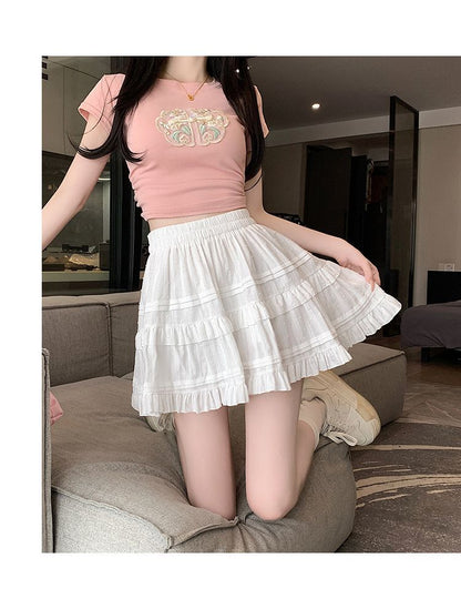 Kawaii White High Waist Pleated Mini Skirts for Women Summer Slim A-Line Skirt Y2K Versatile Puff Tiered Faldas for Girls Female