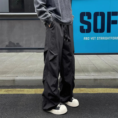 Fashion ice silk quick drying pants for men's summer thin pleated paratrooper work pants for teenagers loose casual spor pants