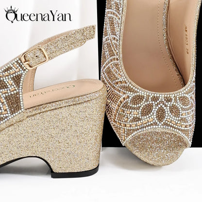 African Shoe and Bag Set for Wedding Women Shoes and Bag To Match Set with Rhinestone Italy Pumps Women Shoes Luxury