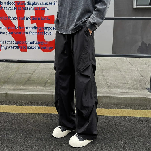 Fashion ice silk quick drying pants for men's summer thin pleated paratrooper work pants for teenagers loose casual spor pants