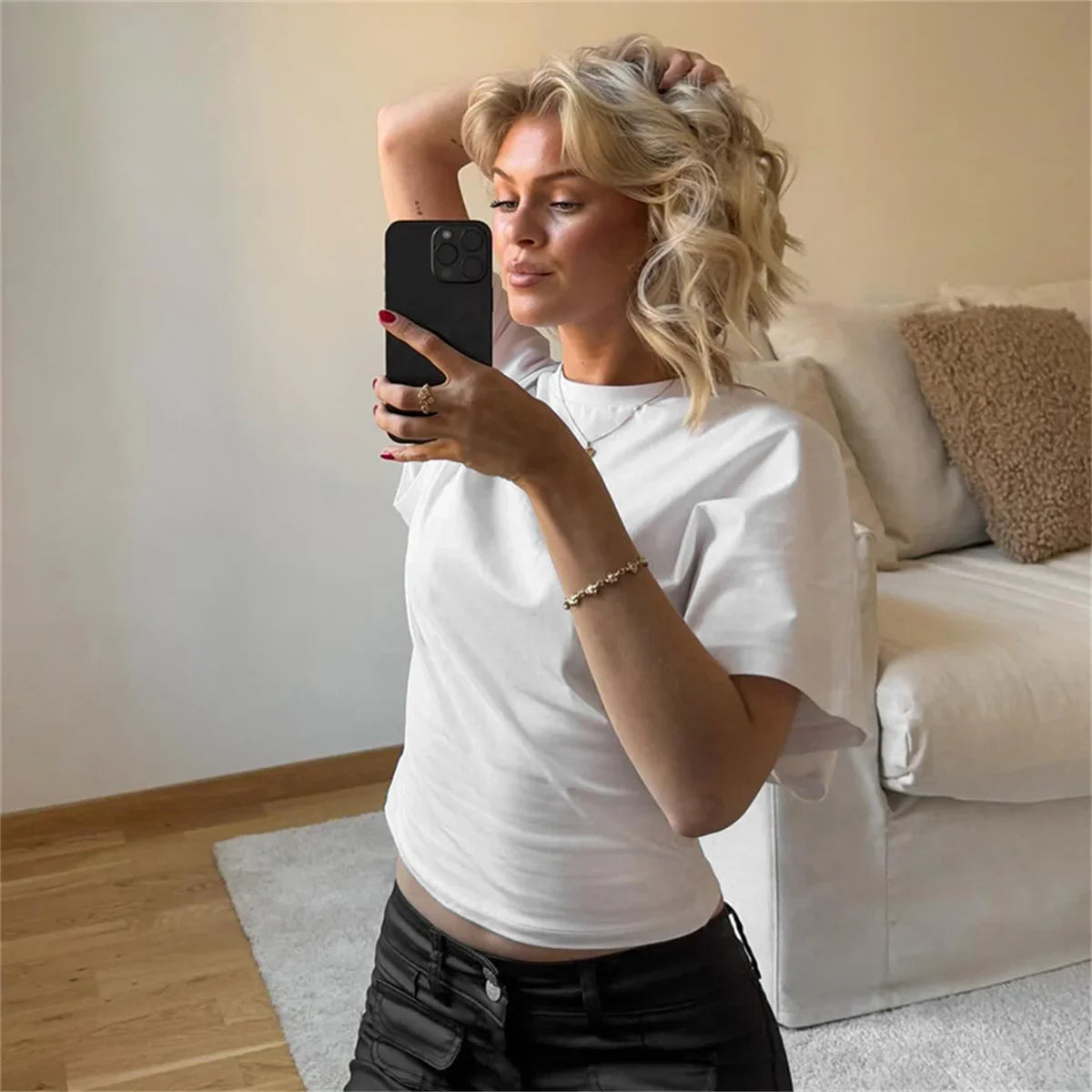 Women's Summer Loose Half Sleeve T-Shirt Tops O-Neck Waist Slimming Sweet Hottie Design Sense Positive Shoulder Chic Tees Top
