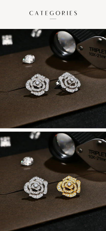 New S925 Silver Diamond Moissanite Stud Earrings for Women 18k Gold Plated Sparkling Flower Wedding Fine Jewelry Travel