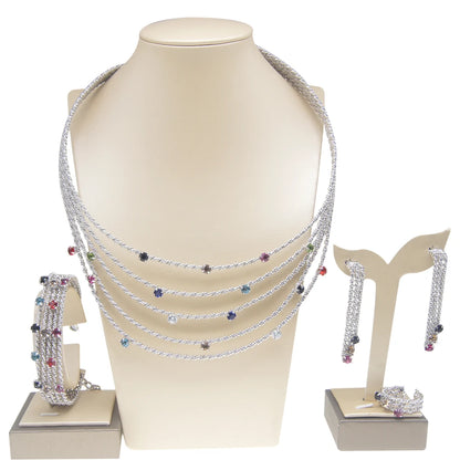 Women Jewelry Set Brazil Gold Plated Colorful Rhinestone Necklace Earrings Bracelet Cutout Design Wedding Banquet Jewelry