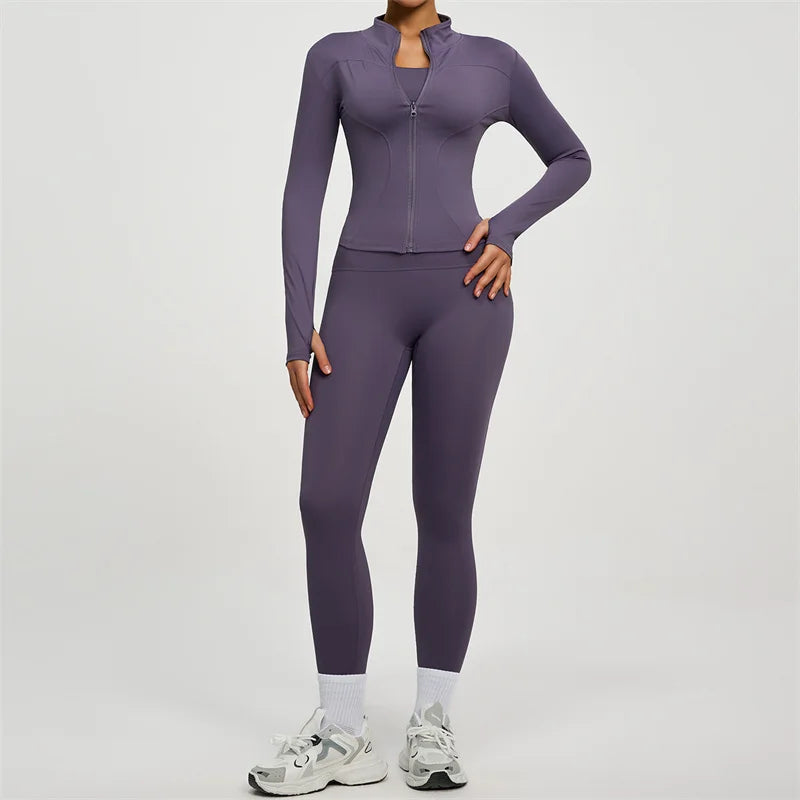 Yoga Coat Sports Top Long Sleeve Jacket Fitness Breathable Women's Tracksuit High Waist Leggings Two Piece Set Gym Clothes