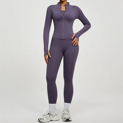 Yoga Coat Sports Top Long Sleeve Jacket Fitness Breathable Women's Tracksuit High Waist Leggings Two Piece Set Gym Clothes