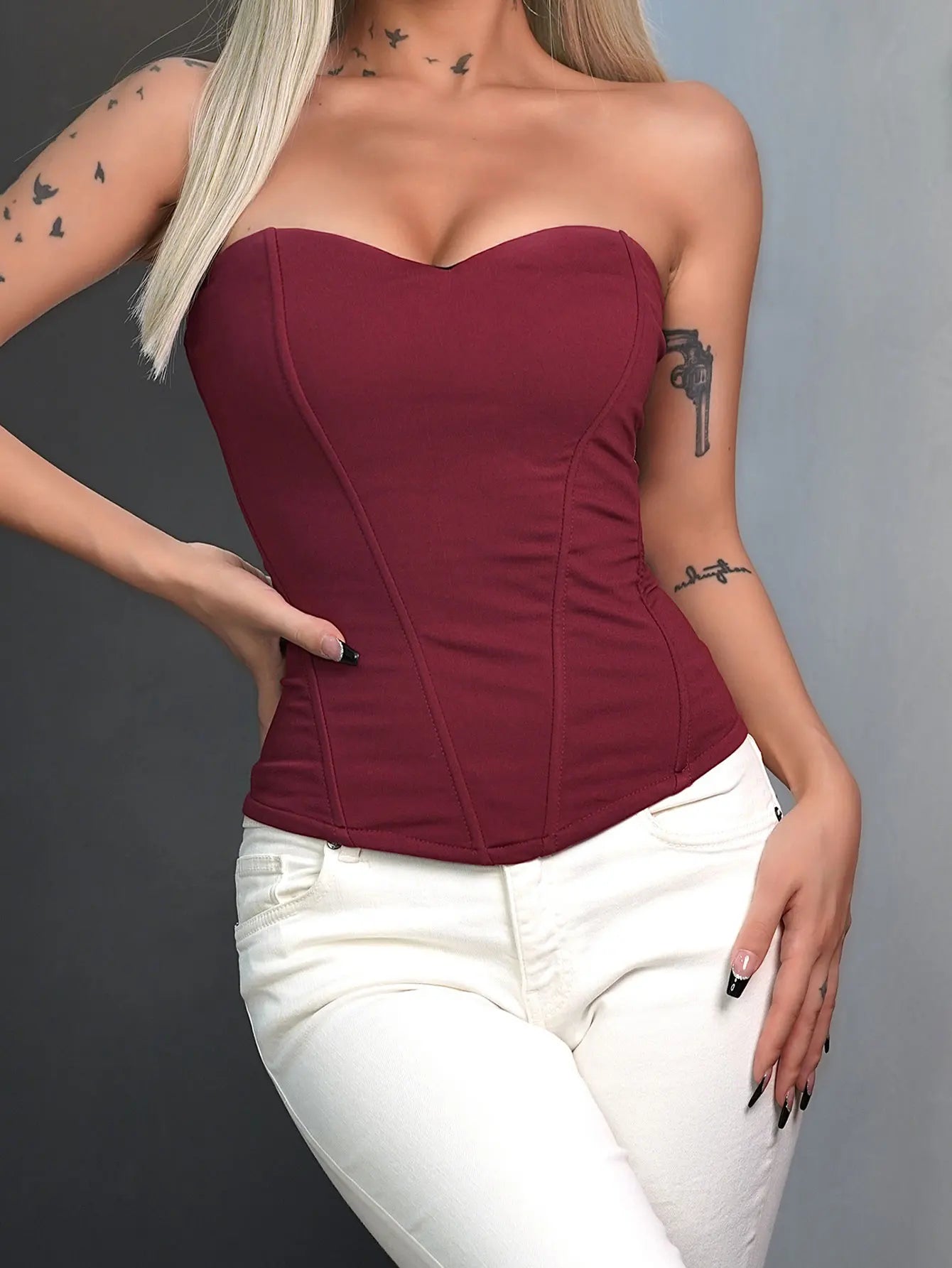 Women's black corset top, classic and stylish solid color off-the-shoulder sexy bandeau tank top, waist-cinching design to flatt