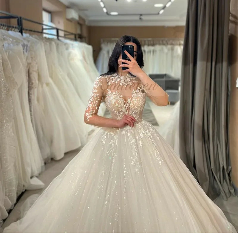 Long Sleeve Lace Wedding Dresses A Line High Neck Shiny Appliques Bridal Gowns Glitter Tulle vestidos de novia 2026
