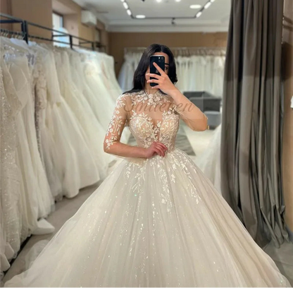 Long Sleeve Lace Wedding Dresses A Line High Neck Shiny Appliques Bridal Gowns Glitter Tulle vestidos de novia 2026